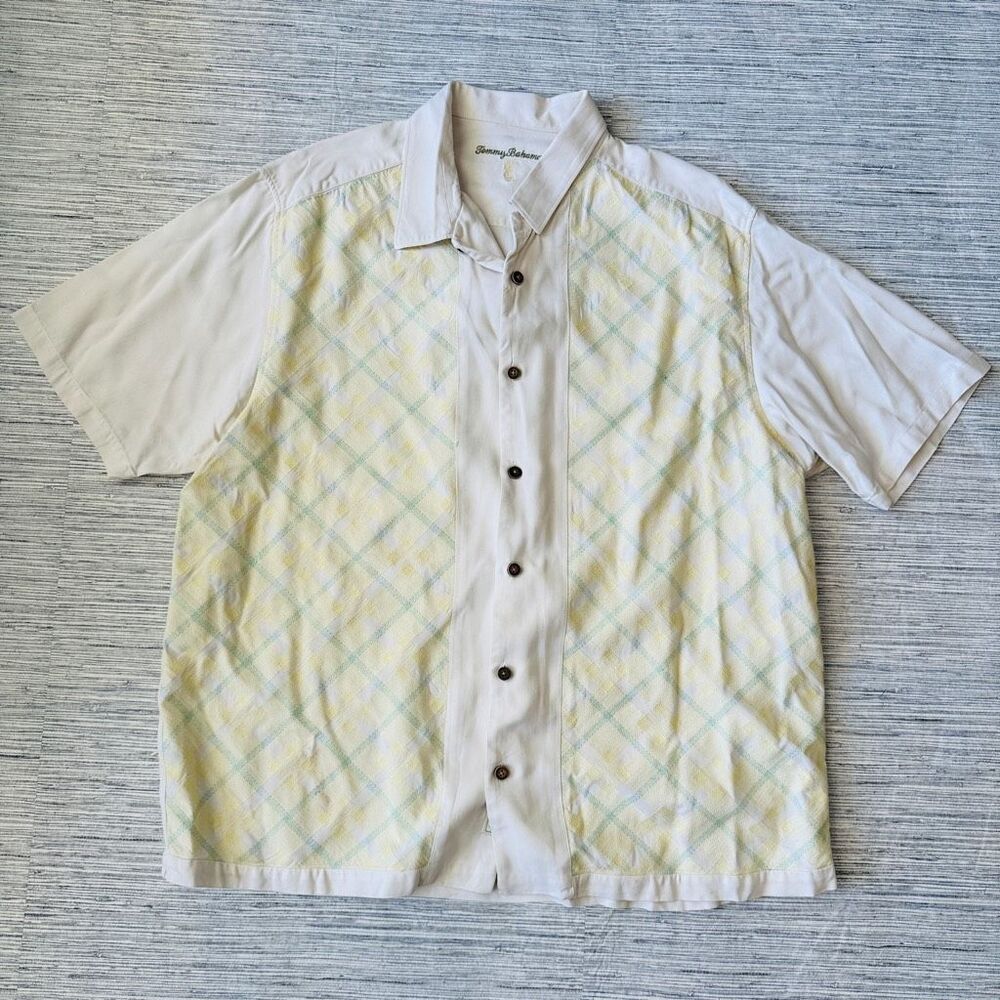 Tommy Bahama Men's XL Silk Camp Shirt Cream Embroidered Yellow Argyle Diamond